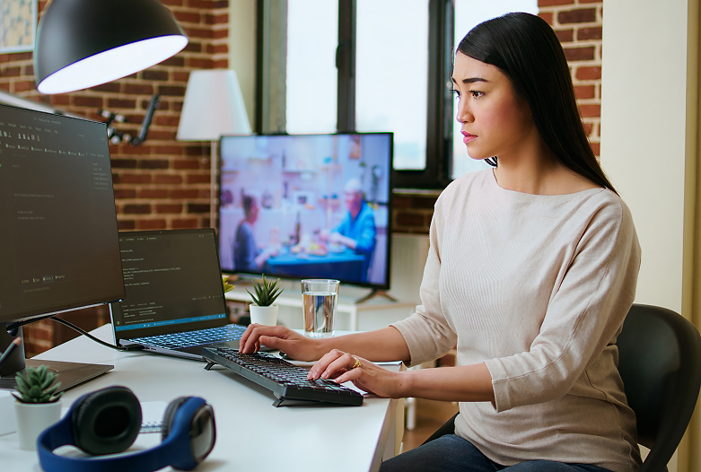 Filipino offshore software developer writing code on a laptop in a professional workspace